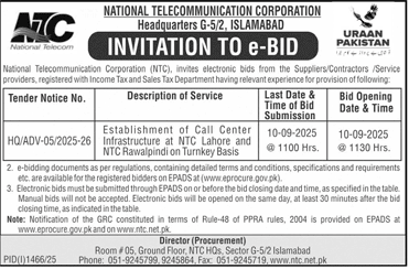 National Telecommunication Corporation Islamabad Tender Notice